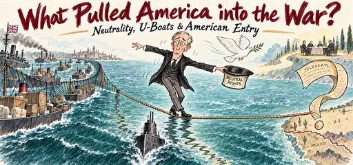 Reed-pen comic of Wilson balancing above the Atlantic between a British trade blockade, a German U-boat and a question-mark telegram, illustrating pressures on American neutrality.