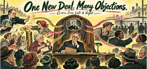 Hand-drawn radio sound waves surround Roosevelt with distinct objections about property, redistribution, pensions, labor rights, and racial exclusion during the New Deal.