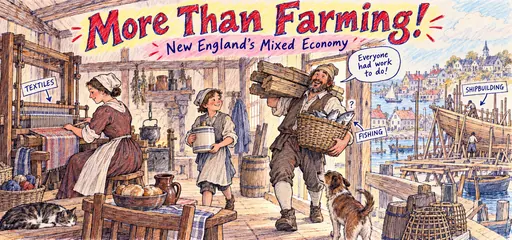 Ballpoint-style comic depicts household weaving and dairying alongside a man carrying fish and timber, with a compact coastal town and shipyard beyond the doorway.