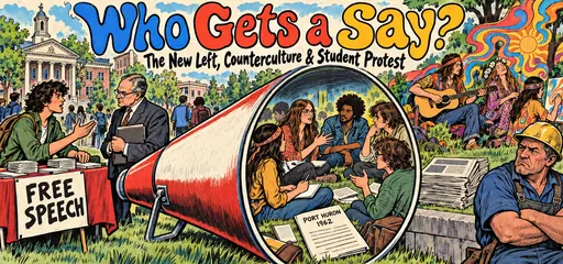 Hand-drawn comic showing a campus free-speech table, students discussing the 1962 Port Huron Statement inside a megaphone, counterculture musicians, and a skeptical worker.