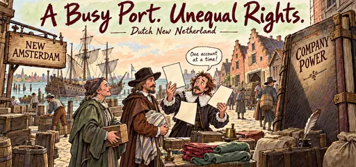 Hand-drawn New Amsterdam market comic shows a frazzled merchant and waiting traders beside a giant company-power account book, contrasting commerce with unequal rights.