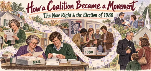 Hand-drawn colored-pencil comic of direct-mail organizers, voter registration, a taxpayer, religious organizing, and policy researchers before the 1980 election.