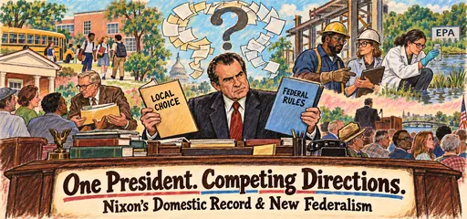 Hand-drawn comic of Nixon holding local-choice and federal-rules folders, with revenue sharing, integrated schooling, construction oversight, and environmental monitoring.