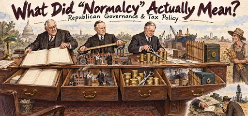 Hand-painted comic policy desk with budget ledgers, voluntary business cooperation, tax-cut scissors and a tariff gate, illustrating Republican normalcy in the 1920s.
