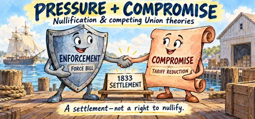 Hand-drawn shield and tariff scroll shake hands over the 1833 settlement, showing enforcement and compromise during the nullification crisis.