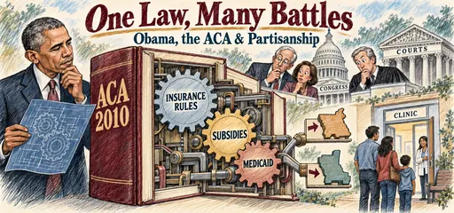 Hand-drawn pencil comic of Barack Obama examining an ACA 2010 policy workshop with insurance rules, subsidies, Medicaid, Congress, courts, and a family at a clinic.