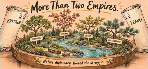 Handwritten garden metaphor depicts Delaware, Shawnee, Mingo, and Haudenosaunee as distinct trees, with British and French claim-scrolls outside.