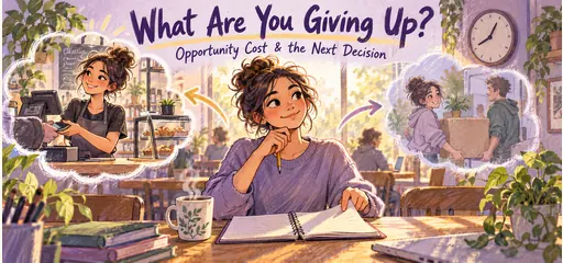 Hand-drawn opportunity cost comic showing a student choosing study time while imagining a paid cafe shift and helping a friend move, illustrating alternatives forgone and the next decision.