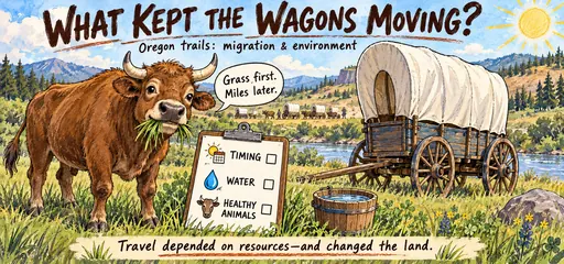 Hand-drawn comic of a resting ox beside a covered wagon and a checklist for timing, water, and healthy animals on Oregon trails.