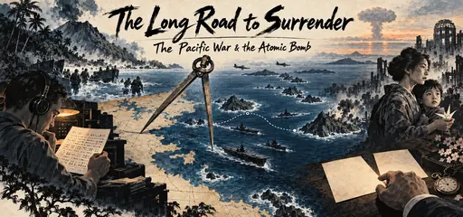 Hand-drawn navigation dividers, codebreaking, carriers, and island routes connect Pacific strategy with uncertain surrender decisions and a Japanese family beside a damaged city.