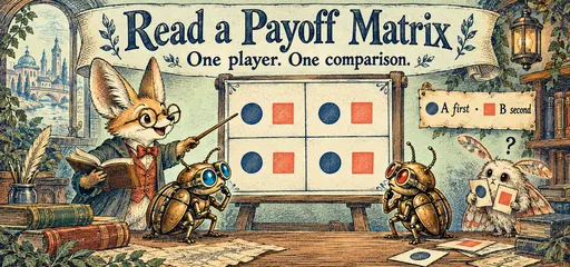 Fennec teacher and robot beetles use a two-by-two grid with A-first and B-second tokens in an original engraved comic.