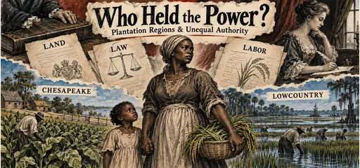 Charcoal collage places an enslaved mother and child between Chesapeake tobacco and lowcountry rice landscapes, beneath papers representing land, law and labor.