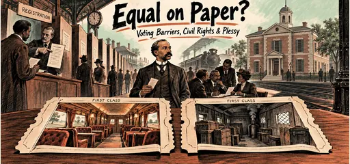 Pencil and terracotta comic of Homer Plessy and a legal committee, two first-class tickets opening into unequal rail compartments, a courthouse and discriminatory voter registration barriers.