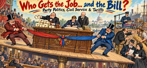Fountain-pen and gouache comic of rival party organizers pulling a ribbon around a federal desk, patronage envelopes beside a civil-service exam, and customs duties, farmers and veterans pensions.