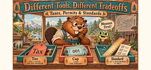 Copper-and-enamel comic of a beaver engineer comparing a tax price tag, a cap ticket stack and a standards checklist while a frog advises measuring first.