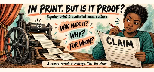 Hand-drawn comic of a student questioning a printed claim by asking who made it, why, and for whom, beside a cartoon printing press.