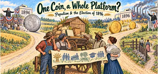 Colored-pencil comic of farmers and a worker comparing a broad reform platform at a forked road, with crop warehouses, giant silver and gold coins, and the opposing 1896 campaigns of Bryan and McKinley.