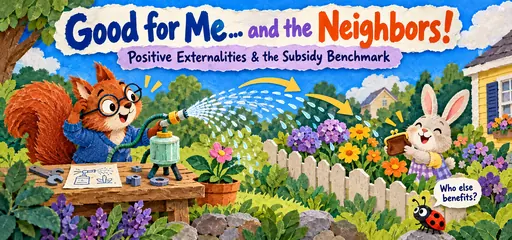 Paper-collage squirrel inventor waters a plant while spray also benefits a rabbit’s flowers; a ladybug asks who else benefits.