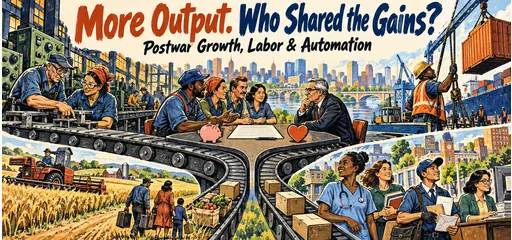 Hand-drawn conveyor belt becoming a labor bargaining table, with industrial workers, mechanized farming, dockworkers, and expanding health, education, postal, and office jobs.
