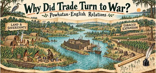 Reed-pen and gouache foldout-map comic shows established Powhatan villages and corn trade beside an English fort, with tobacco fields and survey tools representing settlement expansion.