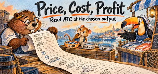 Charcoal comic beaver bookkeeper, dormouse and toucan inspect a receipt beside profit, break-even and loss bowls.