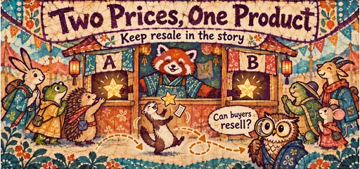 Batik-style comic of a red panda selling identical stars through windows A and B while a ferret and owl explore whether buyers can resell.