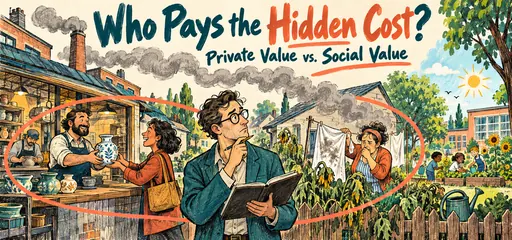 Hand-drawn externalities comic showing a ceramics sale benefiting a factory and buyer while smoke harms a neighbor, with an economist considering the wider social cost.