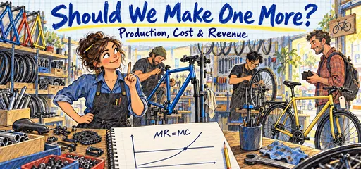 Hand-drawn production comic showing a bicycle workshop manager considering another unit of output while mechanics assemble bikes, with the marginal revenue equals marginal cost rule in a notebook.