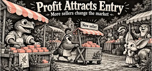 Scratchboard comic gecko and quail soap sellers welcome a new stall while a fennec watches.