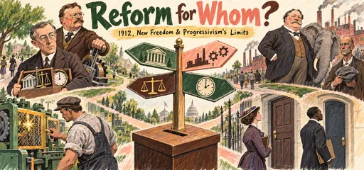 Gouache comic of the four 1912 candidates around a ballot-box signpost, with reform tools, factory safety and closed doors confronting a woman professional and Black employee.