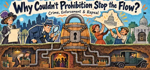 Hand-drawn locked barrel leaks into an underground bootlegging network as an agent investigates, a temperance advocate watches, and repeal supporters lift a constitutional paper beside a state-controlled gate.