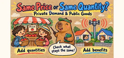 Crayon comic contrasts shoppers buying separate apple quantities at one price with households benefiting from one shared warning siren.