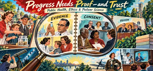 Hand-drawn research notebook and magnifier showing vaccine evidence, voluntary consent, independent review, public fundraising, a woman pilot, and science communication.