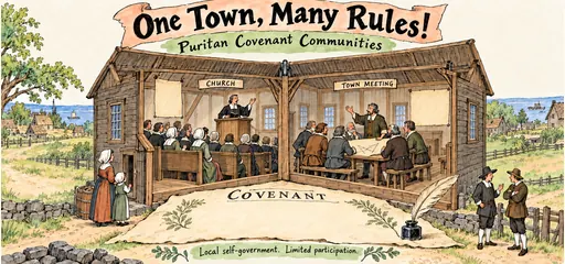Pen-and-watercolor comic cutaway of a Puritan meetinghouse shows church worship and a town meeting above a covenant, with a woman, child and younger men outside.