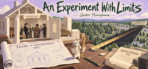 Oil-pastel paper-model metaphor contrasts Pennsylvania’s 1682 Frame of Government and toleration with the 1737 Walking Purchase and a surveying shadow of dispossession.
