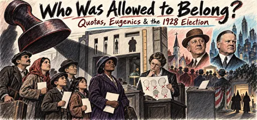 Hand-drawn giant official stamp shadows unequal immigration doorways as families and a Black woman hold identity papers, a clerk questions biased rankings, and Smith and Hoover appear above an election crowd.