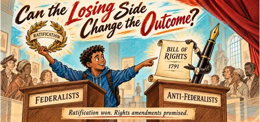 Reed-pen handwritten comic of a student comparing Federalist ratification with Anti-Federalist pressure for the Bill of Rights ratified in 1791.