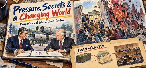 Hand-drawn sketchbook comic of Reagan and Gorbachev negotiating the INF Treaty, citizens crossing the Berlin Wall, and Iran-Contra congressional oversight.