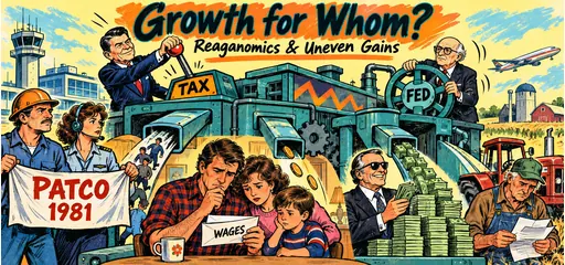 Hand-drawn comic of Reagan’s tax lever, an independent Federal Reserve wheel, PATCO workers, a family wage envelope, investor gains, and a farmer facing debt.