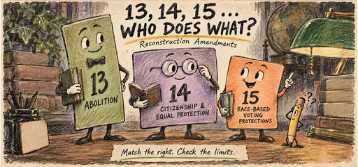 Olive, violet and apricot handwritten comic of study cards 13, 14 and 15 representing abolition, citizenship and equal protection, and race-based voting protections, with a reminder to check textual limits.