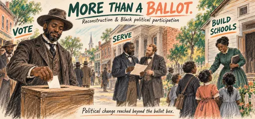Emerald and coral pastel illustration of a Black voter, Black and white local officeholders and a Black teacher welcoming children, showing Reconstruction participation through voting, service and public education.