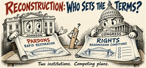 Brick-red and steel-blue pen-and-ink comic of the White House and Capitol presenting competing Reconstruction blueprints: Johnson’s pardons and rapid restoration versus congressional rights and readmission conditions.