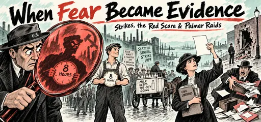 Ink-and-gouache comic of a red magnifying glass distorting a peaceful worker, with Seattle strike milk delivery and a civil-liberties lawyer, illustrating fear and evidence in the Palmer Raids.