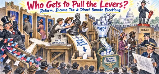 Pencil-and-marker comic of private ballot booths, a senator redirected to voters, an income-tax treasury funnel and remaining registration barriers, illustrating changes in political power.