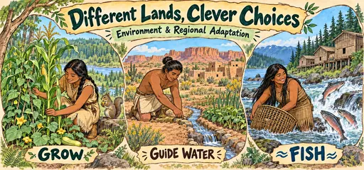 Hand-drawn comic of Indigenous communities growing maize, beans and squash, guiding irrigation water in the Southwest, and harvesting Pacific Northwest salmon.