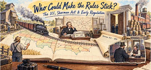 Blue-ink and watercolor comic of an interstate railway network unfolding across a rate ledger, an ICC commissioner, grain elevator, sugar refinery, courthouse doors, and a secret railroad rate concession.