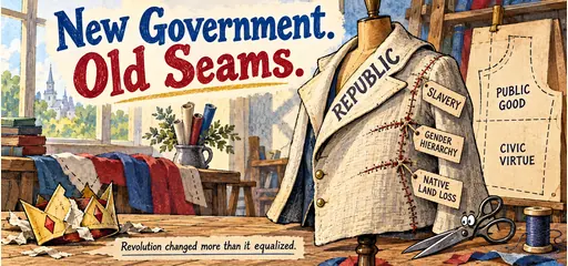 Handwritten dressmaker comic depicts a republic jacket with old seams labeled slavery, gender hierarchy, and Native land loss beside public good and civic virtue.