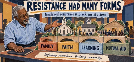 Hand-lettered collage historian presents a symbolic model of Black institutions supported by family, faith, learning, and mutual aid.