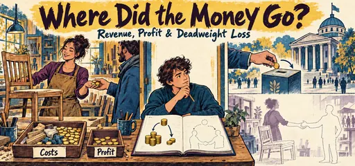 Hand-drawn revenue and profit comic showing a furniture sale, costs and remaining profit, a public revenue transfer, and a separate unrealized trade to distinguish transfers from deadweight loss.