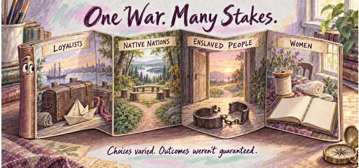 Hand-drawn accordion-book comic presents Loyalists, Native nations, enslaved people, and women, emphasizing varied wartime choices and uncertain outcomes.